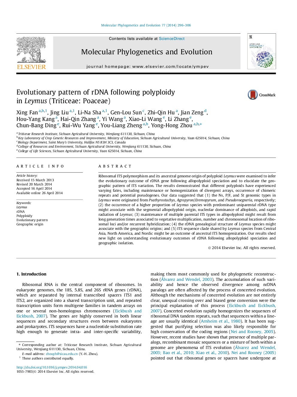 Evolutionary pattern of rDNA following polyploidy in Leymus (Triticeae: Poaceae)