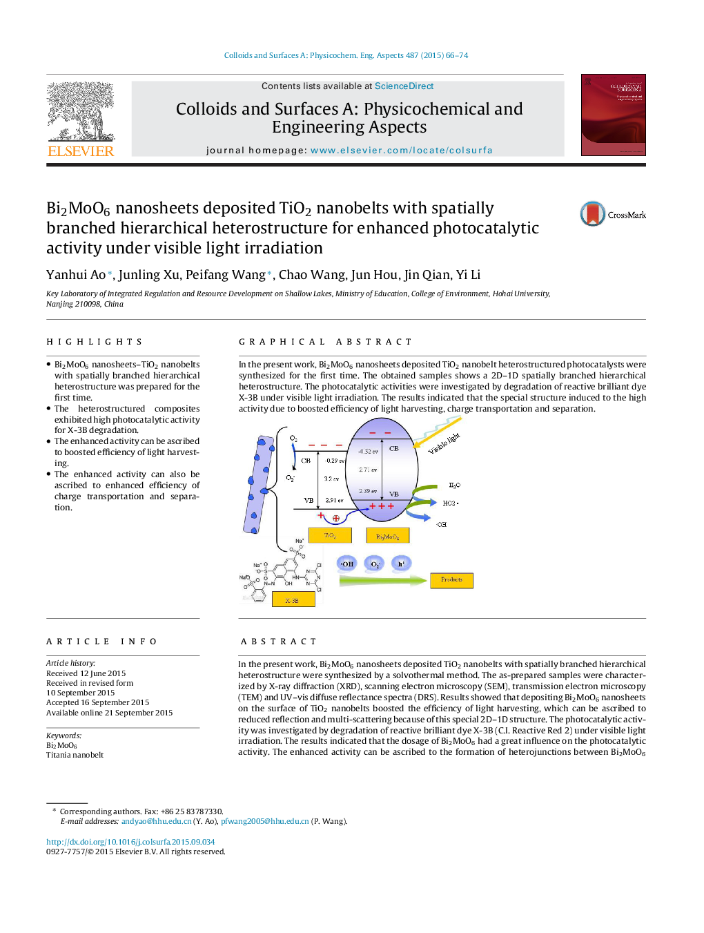 عکس صفحه اول مقاله: Bi2MoO6 nanosheets deposited TiO2 nanobelts with spatially branched hierarchical heterostructure for enhanced photocatalytic activity under visible light irradiation Bi2MoO6 nanosheets deposited TiO2 nanobelts with spatially branched hierarchical heterostructure for enhanced photocatalytic activity under visible light irradiation