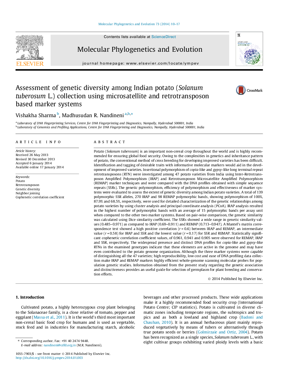 Assessment of genetic diversity among Indian potato (Solanum tuberosum L.) collection using microsatellite and retrotransposon based marker systems