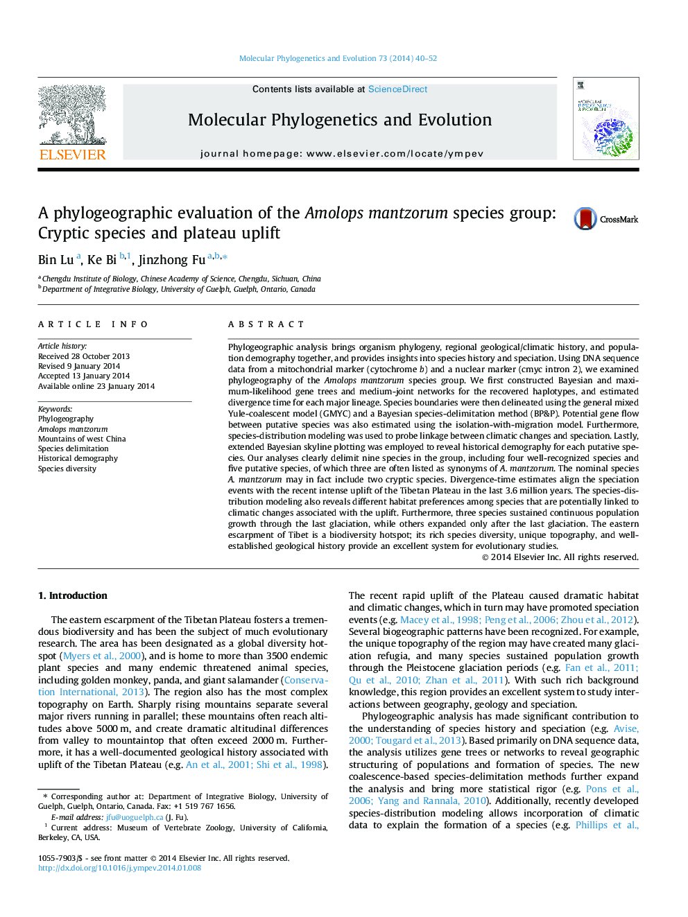 A phylogeographic evaluation of the Amolops mantzorum species group: Cryptic species and plateau uplift