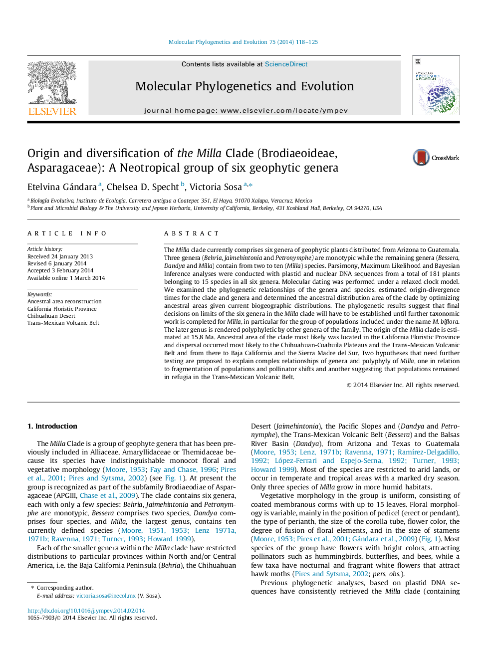 Origin and diversification of the Milla Clade (Brodiaeoideae, Asparagaceae): A Neotropical group of six geophytic genera