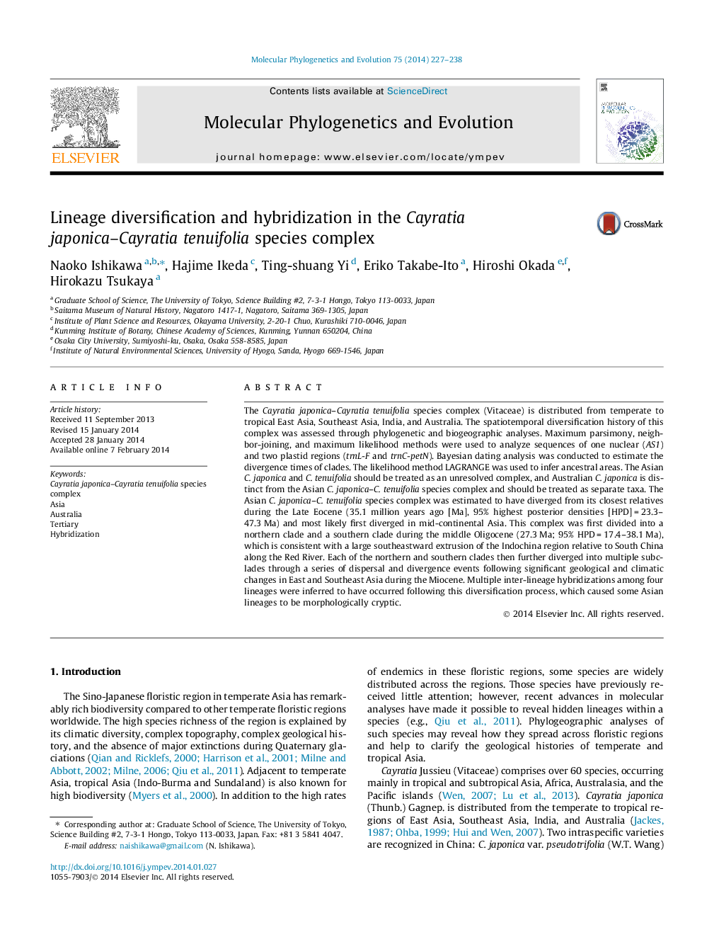 Lineage diversification and hybridization in the Cayratia japonica-Cayratia tenuifolia species complex