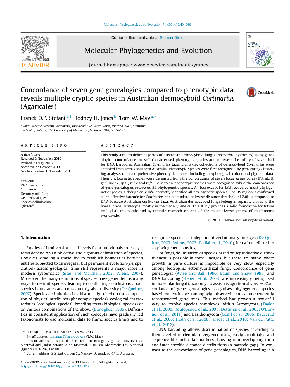 Concordance of seven gene genealogies compared to phenotypic data reveals multiple cryptic species in Australian dermocyboid Cortinarius (Agaricales)