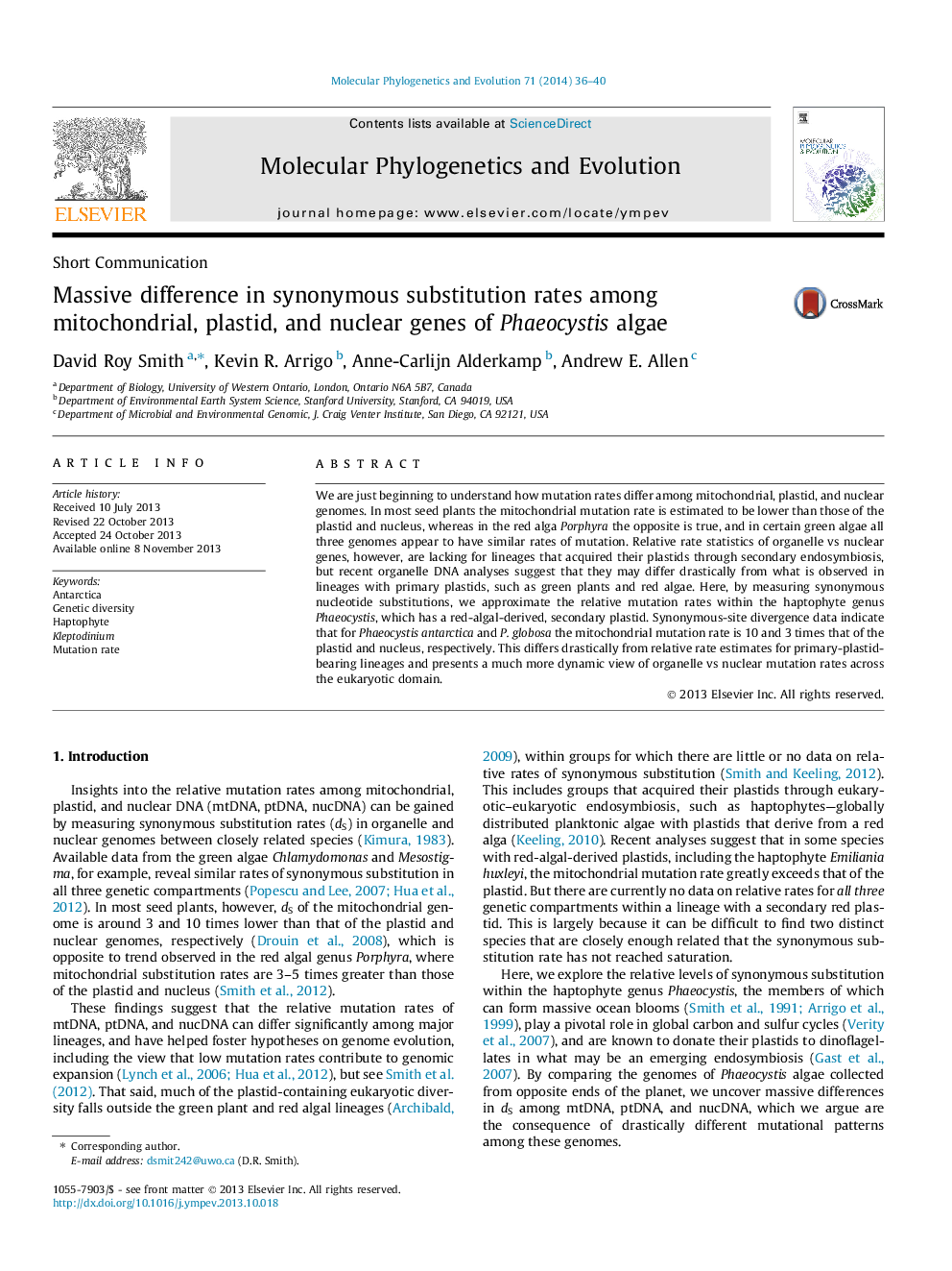 Short CommunicationMassive difference in synonymous substitution rates among mitochondrial, plastid, and nuclear genes of Phaeocystis algae