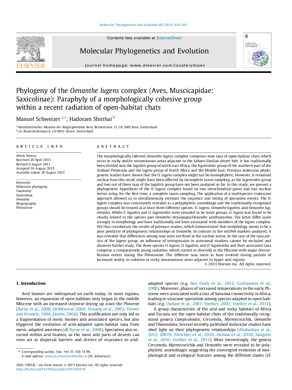 Phylogeny of the Oenanthe lugens complex (Aves, Muscicapidae: Saxicolinae): Paraphyly of a morphologically cohesive group within a recent radiation of open-habitat chats