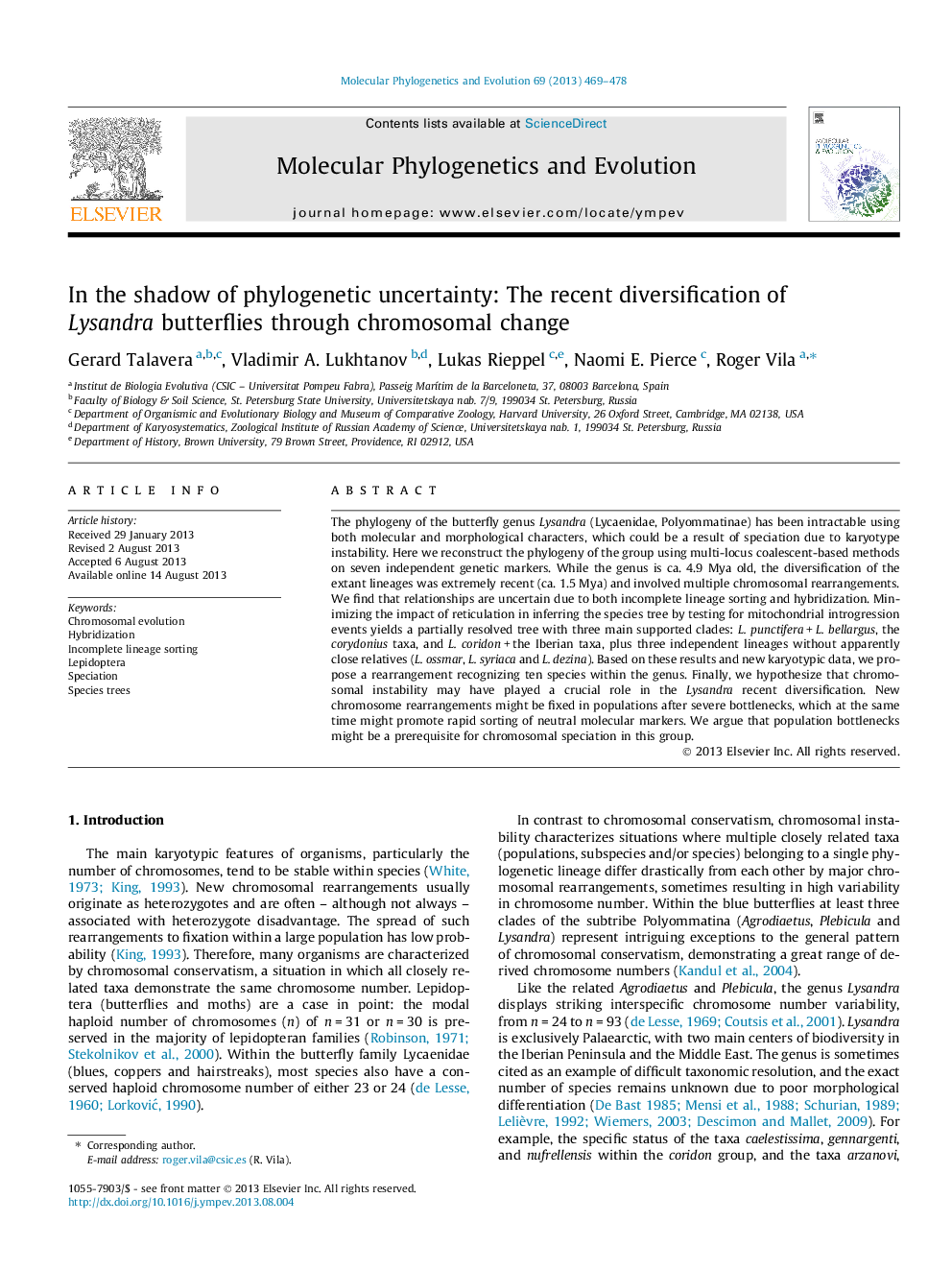 In the shadow of phylogenetic uncertainty: The recent diversification of Lysandra butterflies through chromosomal change