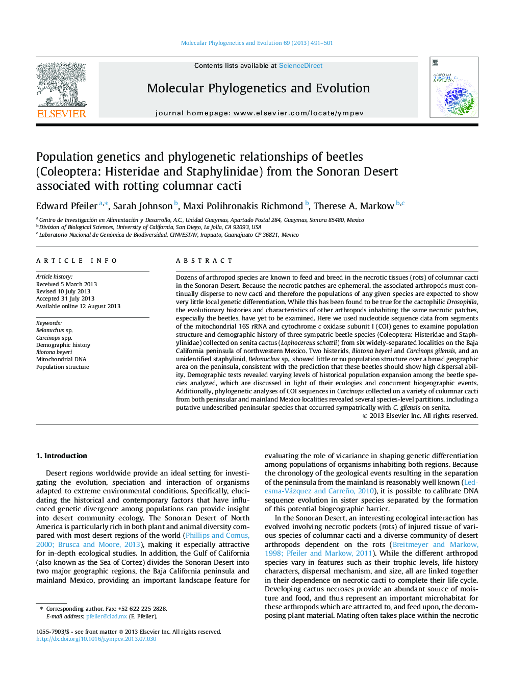 Population genetics and phylogenetic relationships of beetles (Coleoptera: Histeridae and Staphylinidae) from the Sonoran Desert associated with rotting columnar cacti