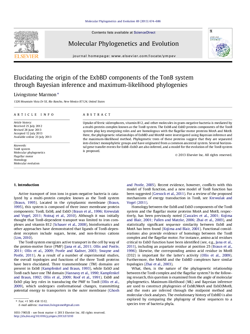 Elucidating the origin of the ExbBD components of the TonB system through Bayesian inference and maximum-likelihood phylogenies