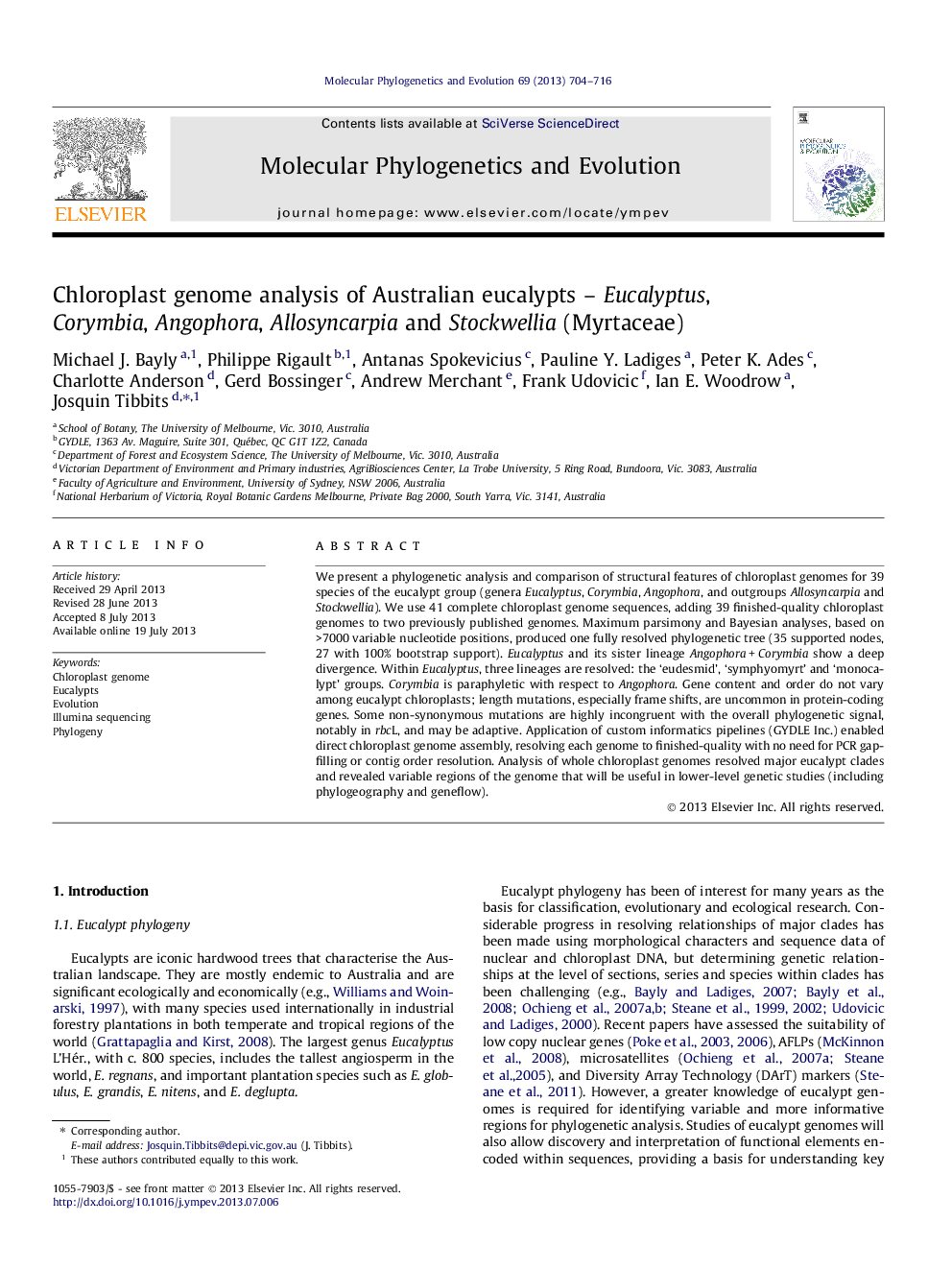 تجزیه و تحلیل ژنوم کلروپلاست از اکالیپتس استرالیایی - اکالیپتوس، کورمبیا، آنگووره، آلو سینکارپیا و استکولیا (میترائه) 