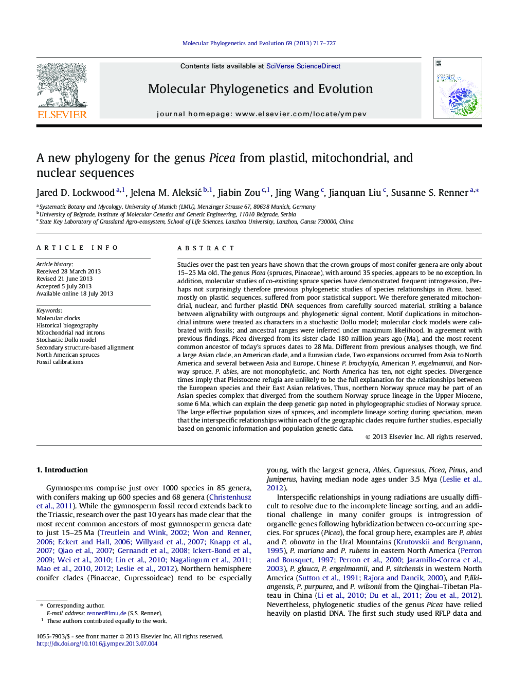 A new phylogeny for the genus Picea from plastid, mitochondrial, and nuclear sequences