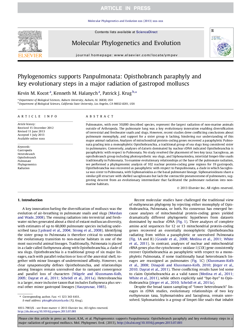 Phylogenomics supports Panpulmonata: Opisthobranch paraphyly and key evolutionary steps in a major radiation of gastropod molluscs