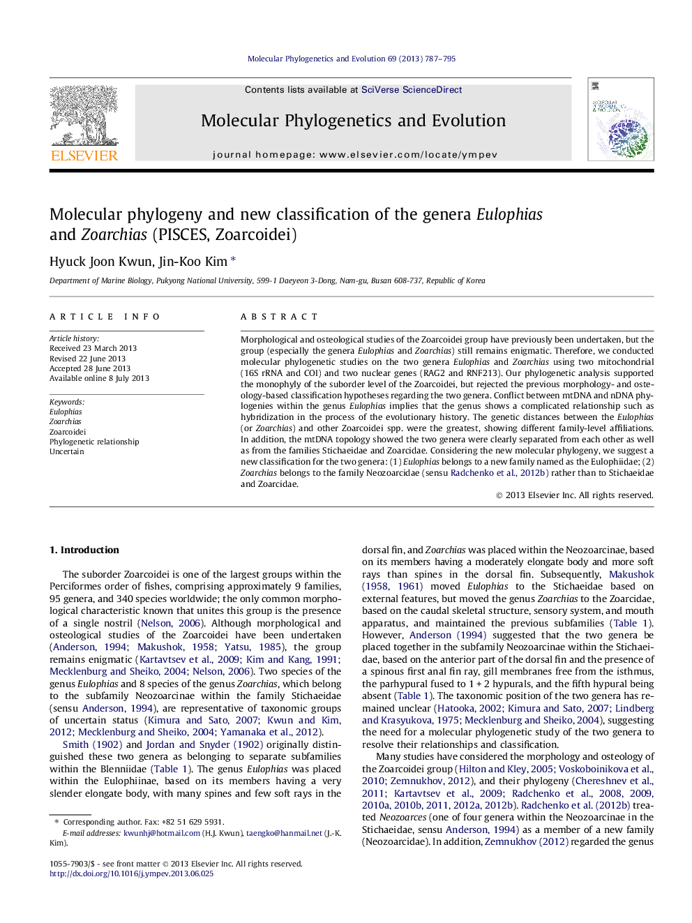 Molecular phylogeny and new classification of the genera Eulophias and Zoarchias (PISCES, Zoarcoidei)