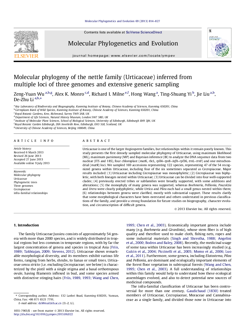 Molecular phylogeny of the nettle family (Urticaceae) inferred from multiple loci of three genomes and extensive generic sampling