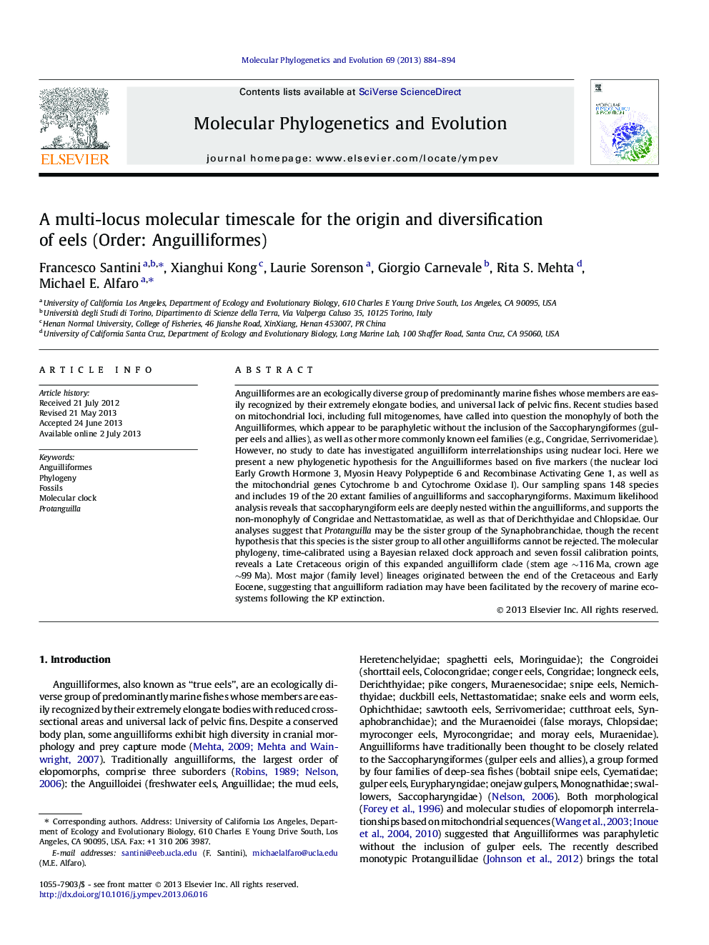 A multi-locus molecular timescale for the origin and diversification of eels (Order: Anguilliformes)