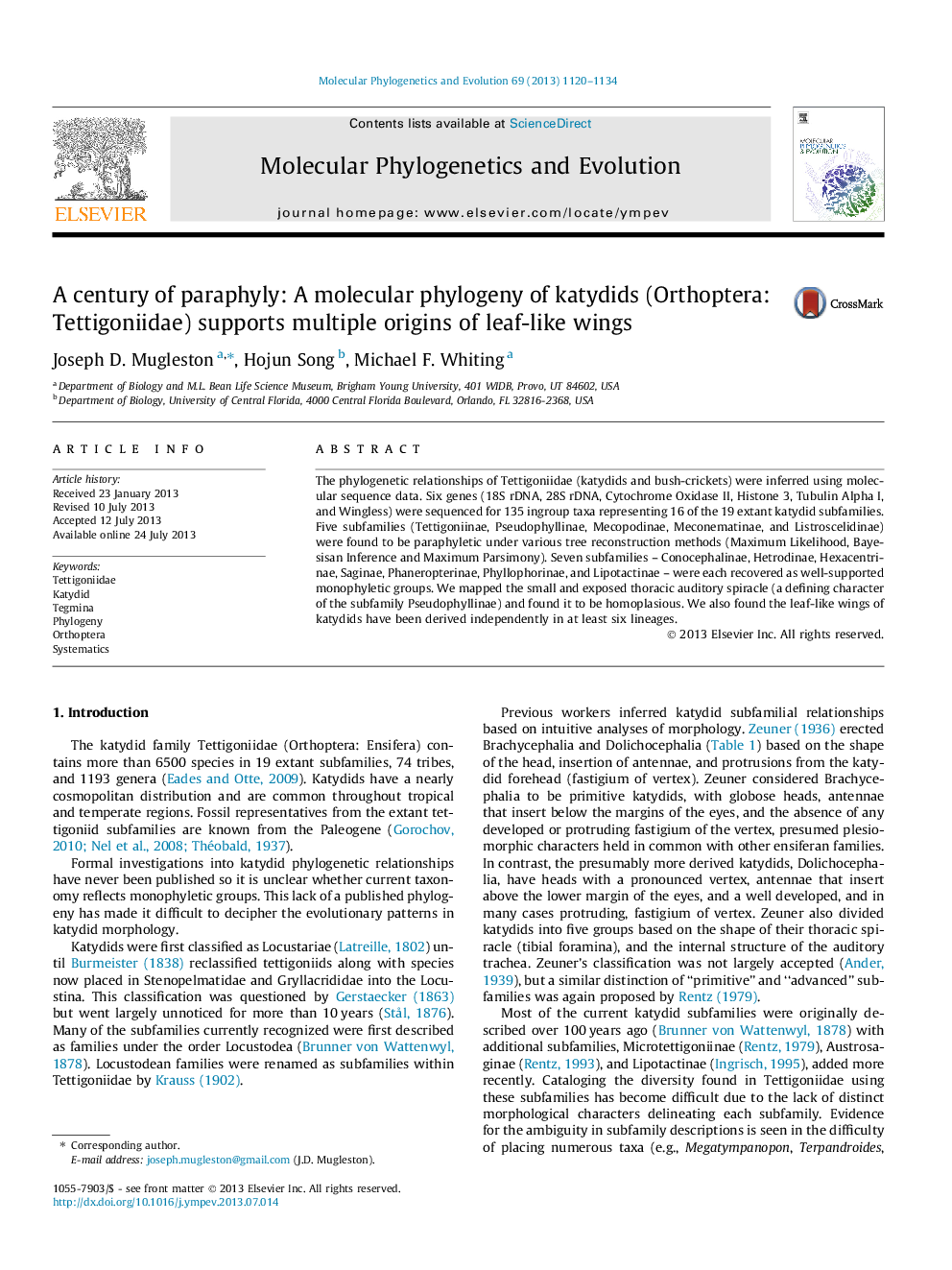 A century of paraphyly: A molecular phylogeny of katydids (Orthoptera: Tettigoniidae) supports multiple origins of leaf-like wings