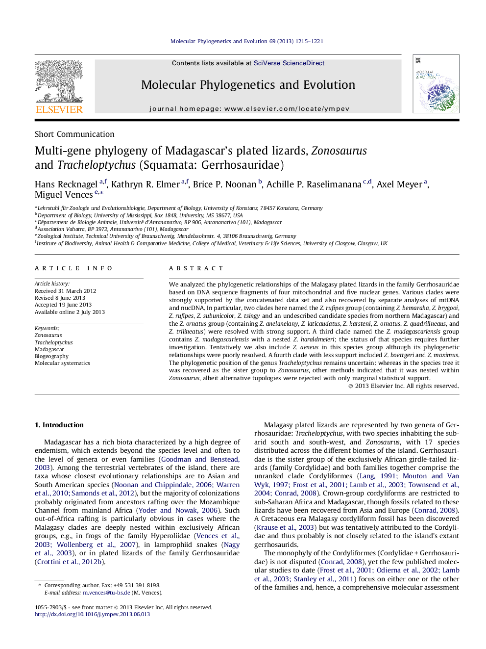 Multi-gene phylogeny of Madagascar's plated lizards, Zonosaurus and Tracheloptychus (Squamata: Gerrhosauridae)