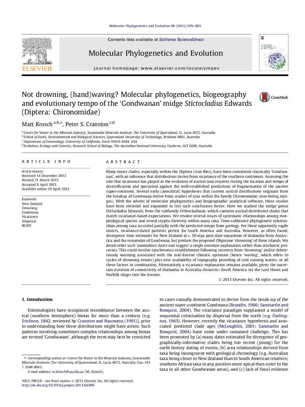 Not drowning, (hand)waving? Molecular phylogenetics, biogeography and evolutionary tempo of the 'Gondwanan' midge Stictocladius Edwards (Diptera: Chironomidae)