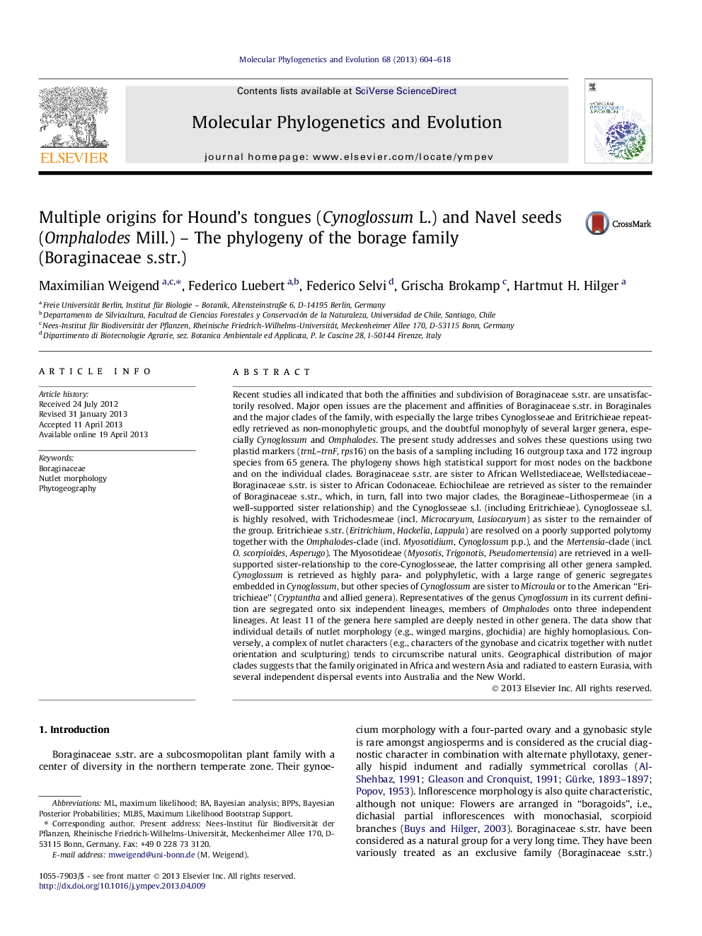 Multiple origins for Hound's tongues (Cynoglossum L.) and Navel seeds (Omphalodes Mill.) - The phylogeny of the borage family (Boraginaceae s.str.)