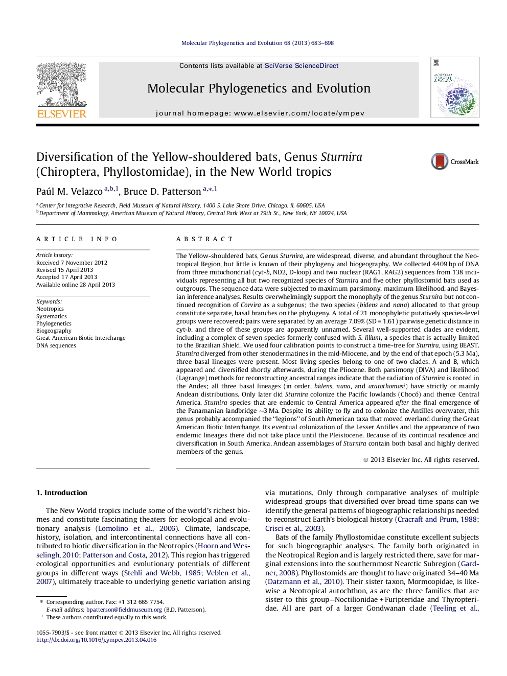 Diversification of the Yellow-shouldered bats, Genus Sturnira (Chiroptera, Phyllostomidae), in the New World tropics