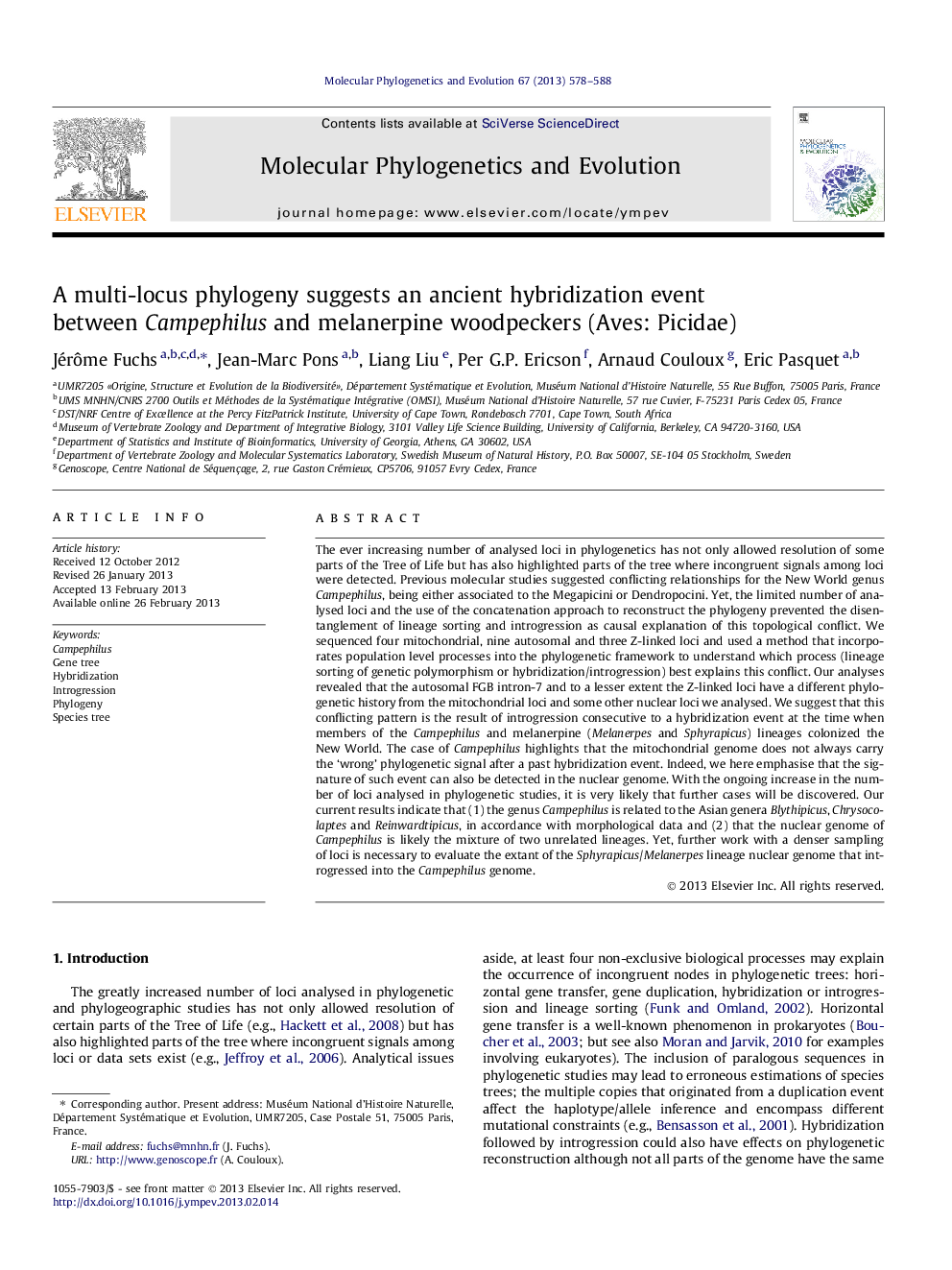 A multi-locus phylogeny suggests an ancient hybridization event between Campephilus and melanerpine woodpeckers (Aves: Picidae)