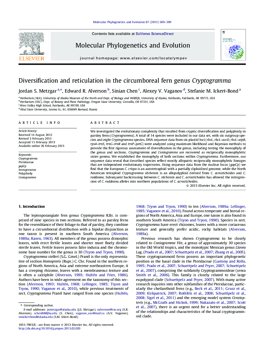 Diversification and reticulation in the circumboreal fern genus Cryptogramma