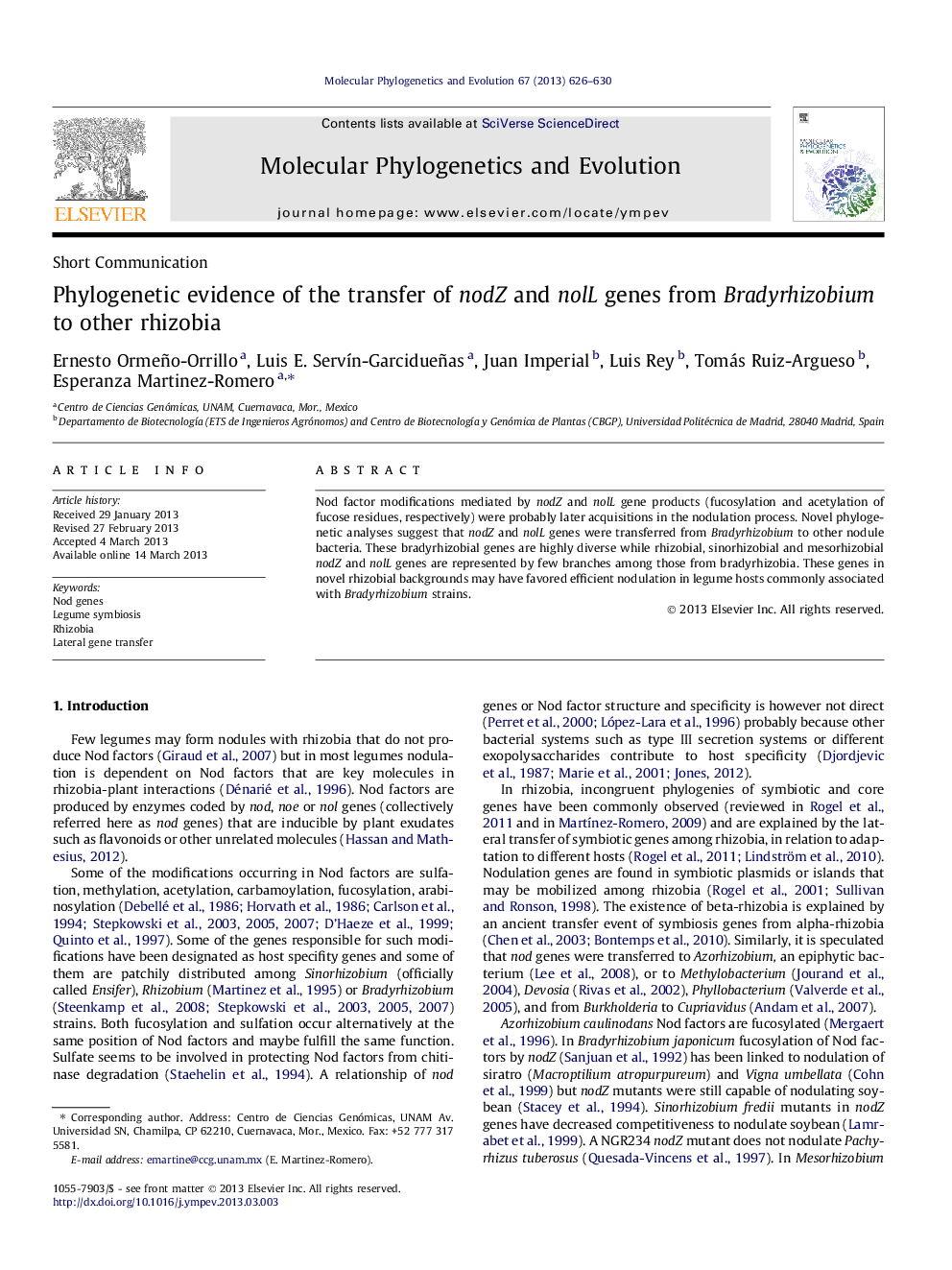 Phylogenetic evidence of the transfer of nodZ and nolL genes from Bradyrhizobium to other rhizobia