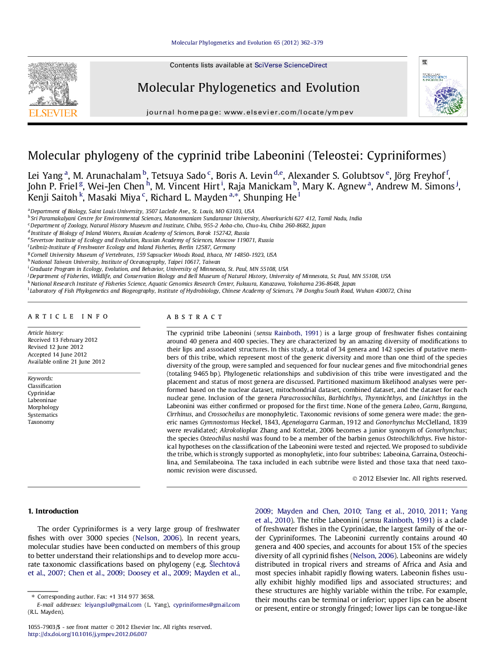 Molecular phylogeny of the cyprinid tribe Labeonini (Teleostei: Cypriniformes)