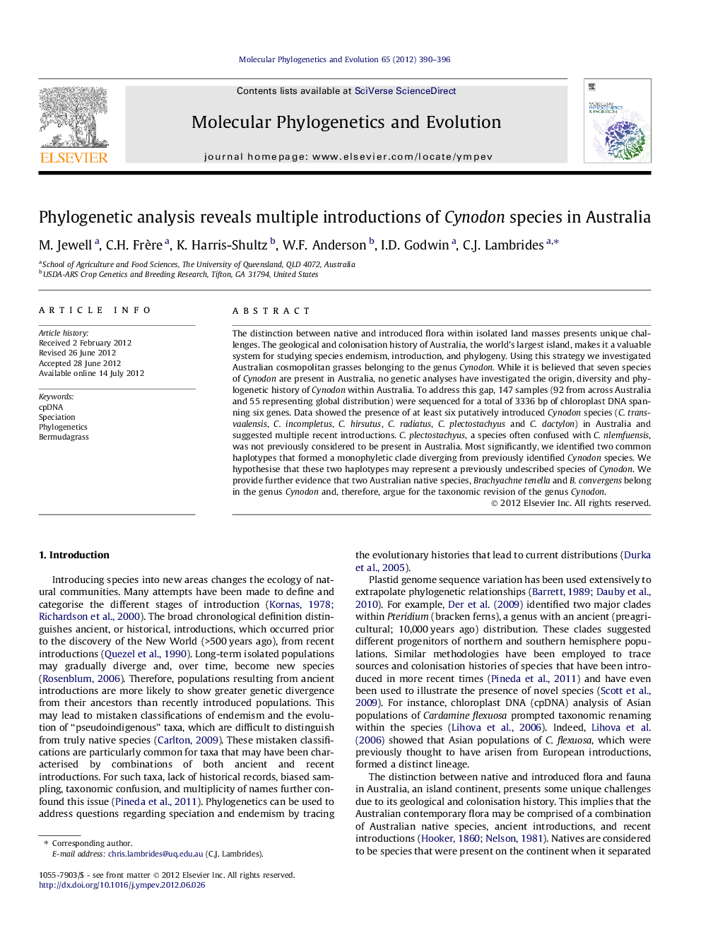 Phylogenetic analysis reveals multiple introductions of Cynodon species in Australia