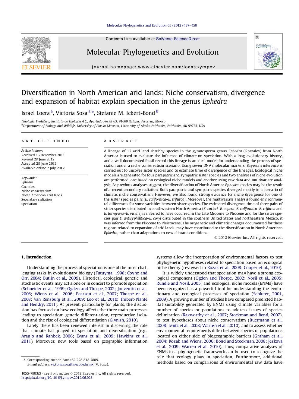 Diversification in North American arid lands: Niche conservatism, divergence and expansion of habitat explain speciation in the genus Ephedra