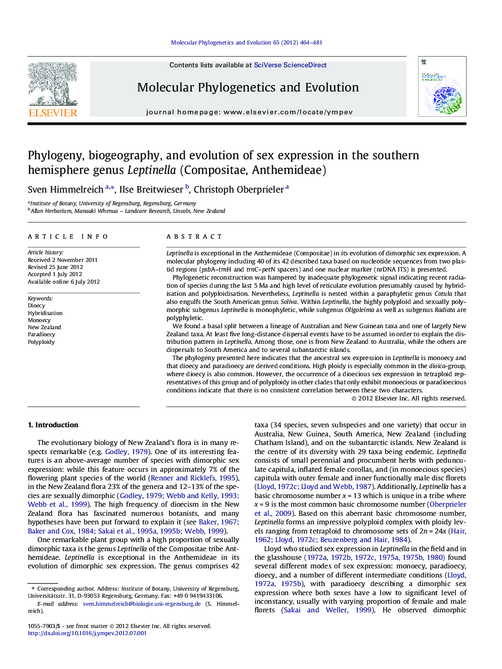 Phylogeny, biogeography, and evolution of sex expression in the southern hemisphere genus Leptinella (Compositae, Anthemideae)