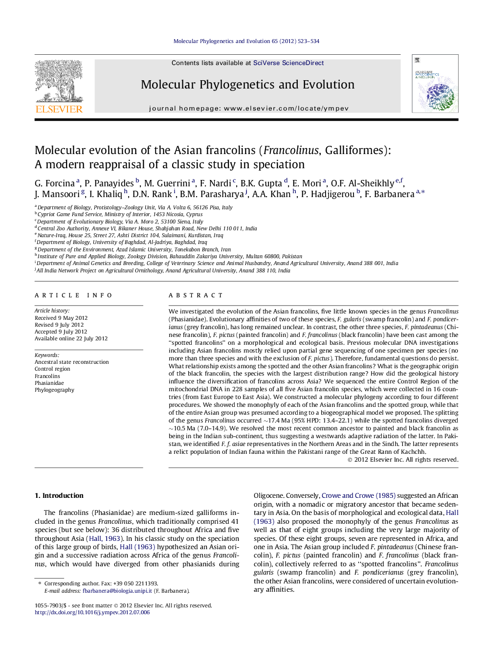 Molecular evolution of the Asian francolins (Francolinus, Galliformes): A modern reappraisal of a classic study in speciation