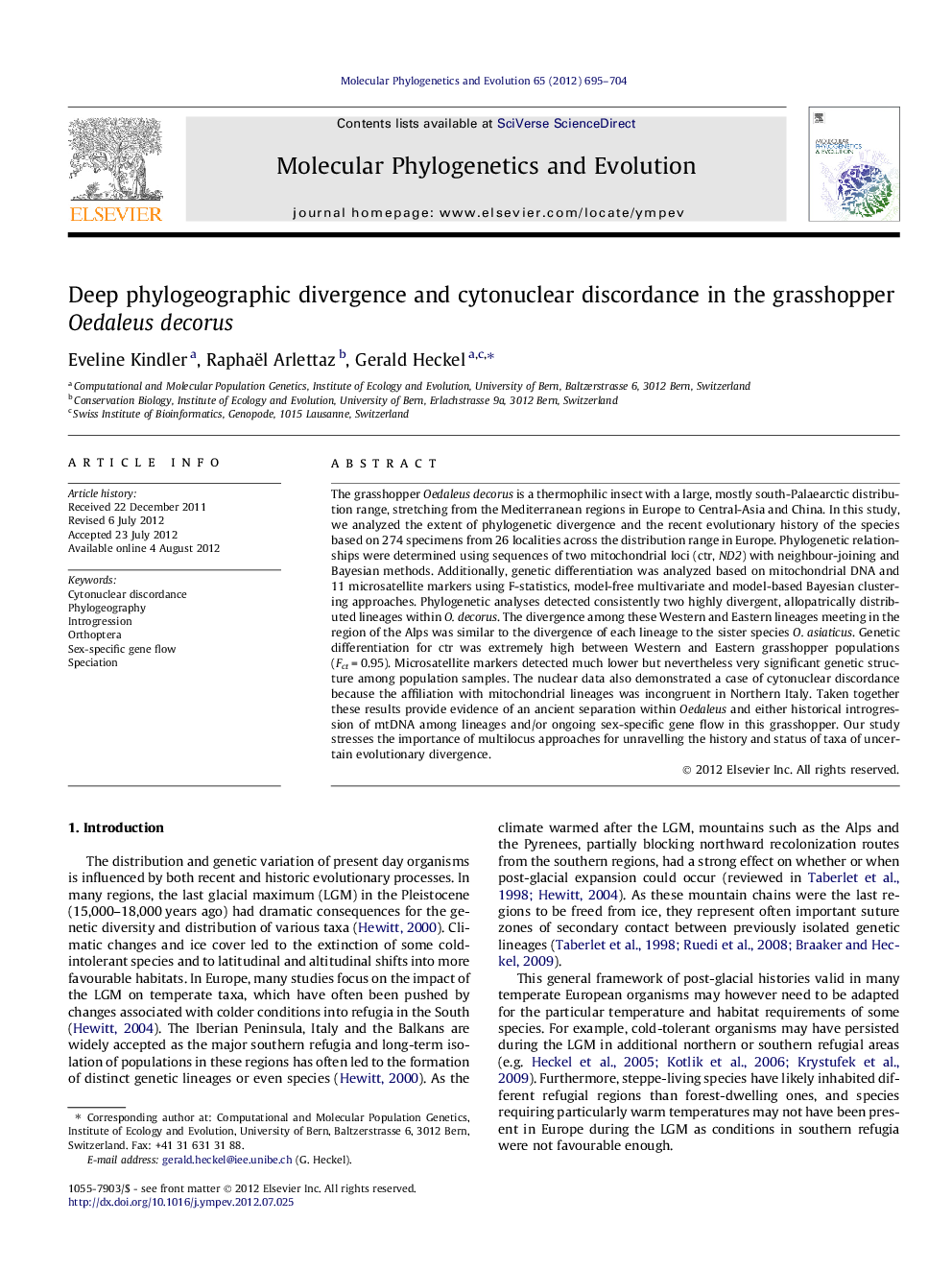 Deep phylogeographic divergence and cytonuclear discordance in the grasshopper Oedaleus decorus