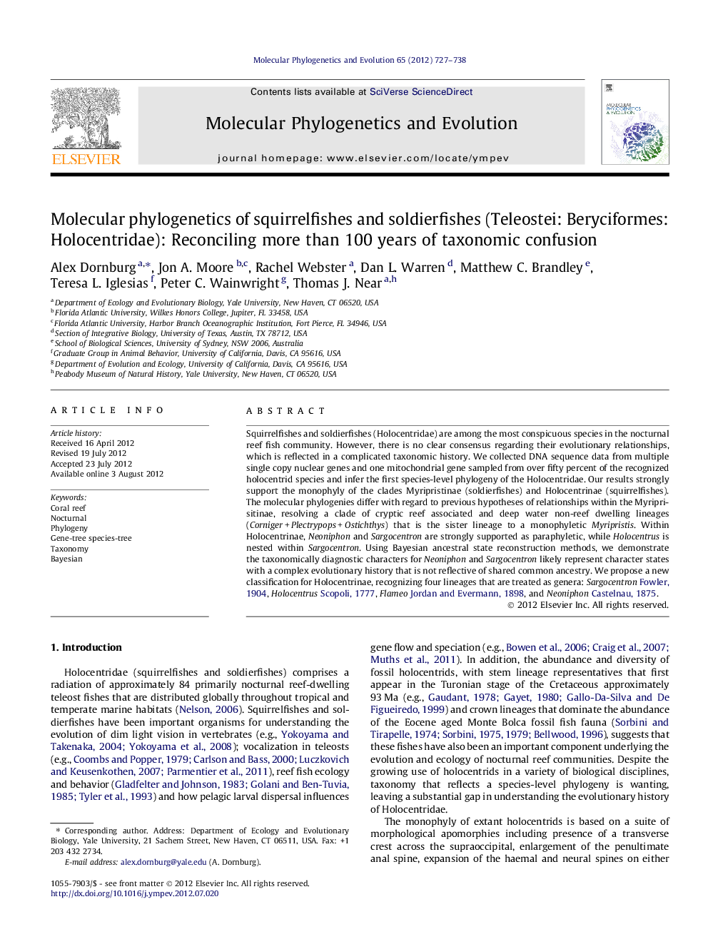 Molecular phylogenetics of squirrelfishes and soldierfishes (Teleostei: Beryciformes: Holocentridae): Reconciling more than 100 years of taxonomic confusion