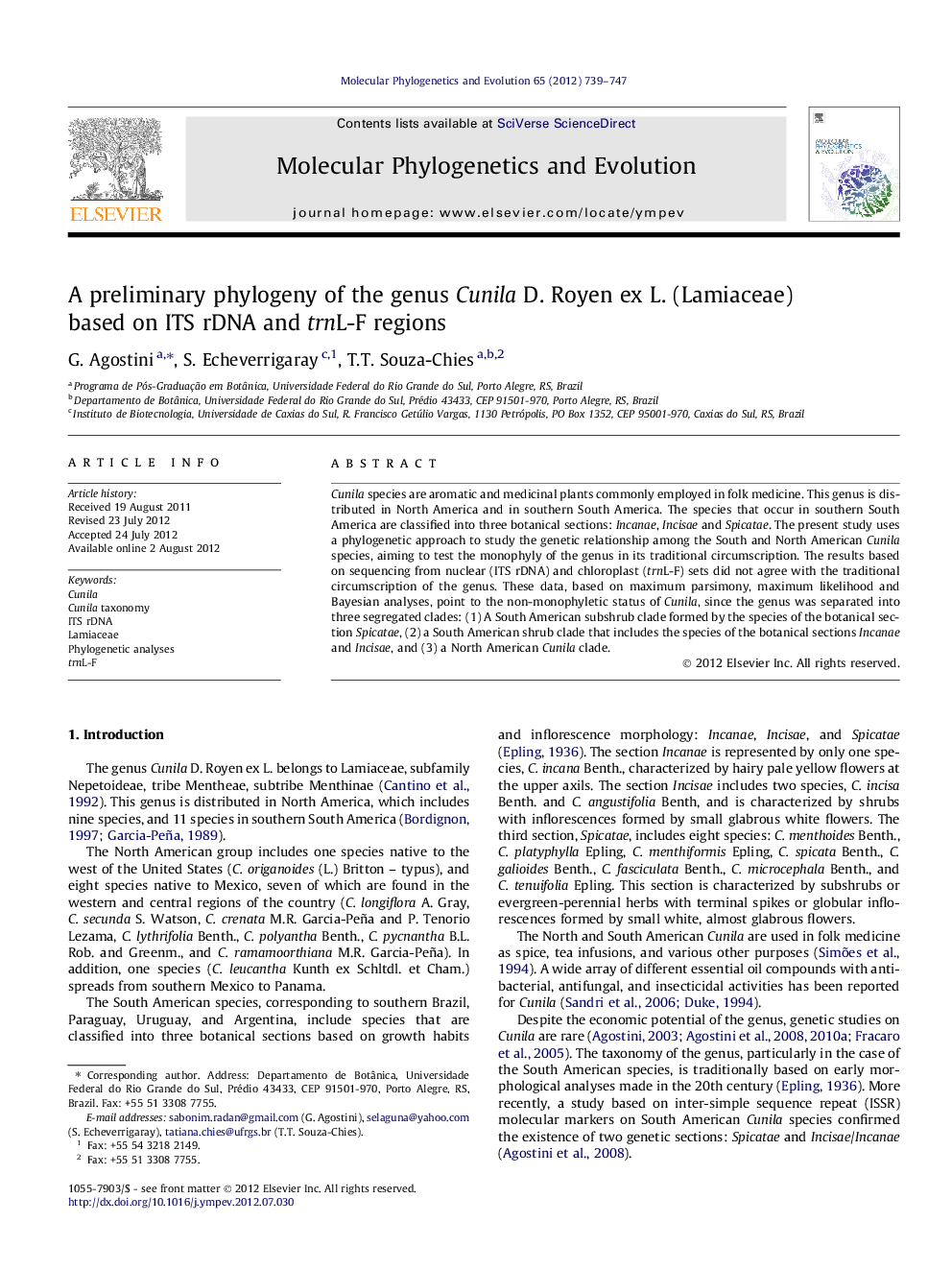 A preliminary phylogeny of the genus Cunila D. Royen ex L. (Lamiaceae) based on ITS rDNA and trnL-F regions