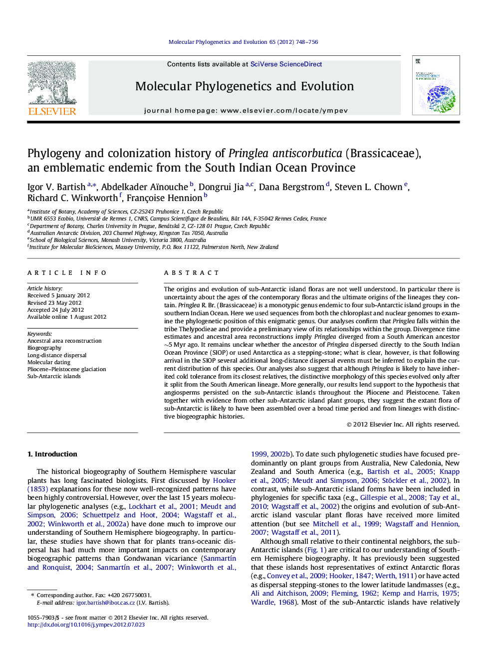 Phylogeny and colonization history of Pringlea antiscorbutica (Brassicaceae), an emblematic endemic from the South Indian Ocean Province