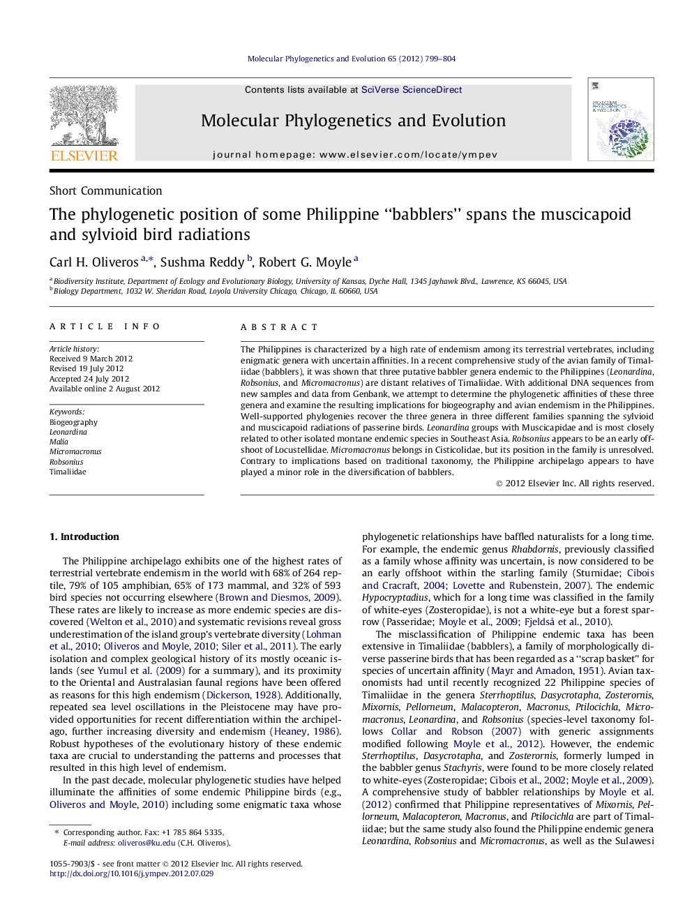 The phylogenetic position of some Philippine “babblers” spans the muscicapoid and sylvioid bird radiations