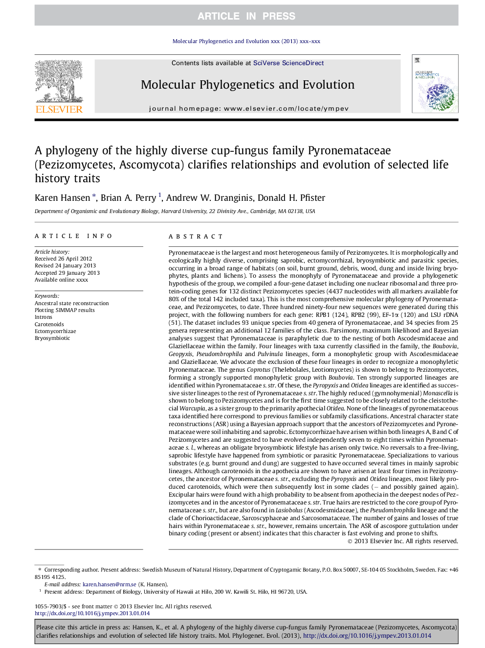 A phylogeny of the highly diverse cup-fungus family Pyronemataceae (Pezizomycetes, Ascomycota) clarifies relationships and evolution of selected life history traits