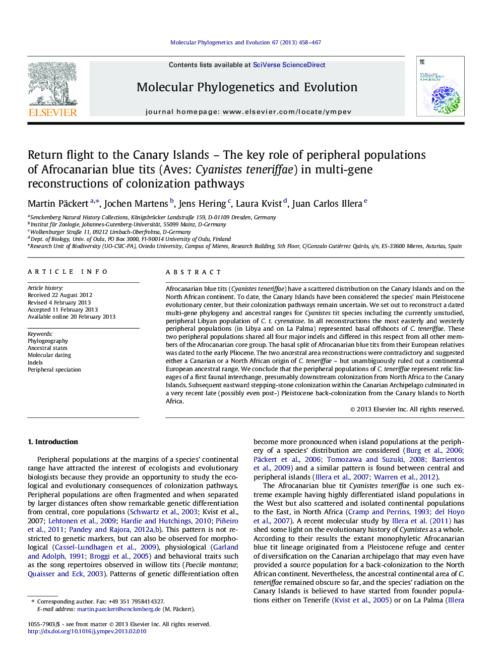 Return flight to the Canary Islands – The key role of peripheral populations of Afrocanarian blue tits (Aves: Cyanistes teneriffae) in multi-gene reconstructions of colonization pathways