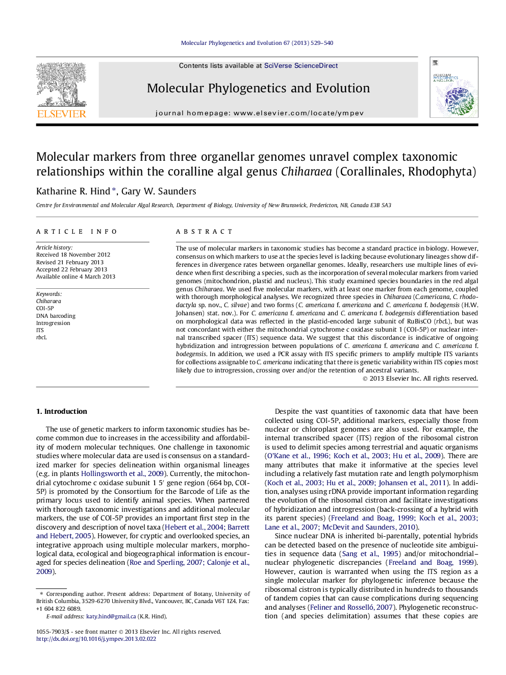 Molecular markers from three organellar genomes unravel complex taxonomic relationships within the coralline algal genus Chiharaea (Corallinales, Rhodophyta)