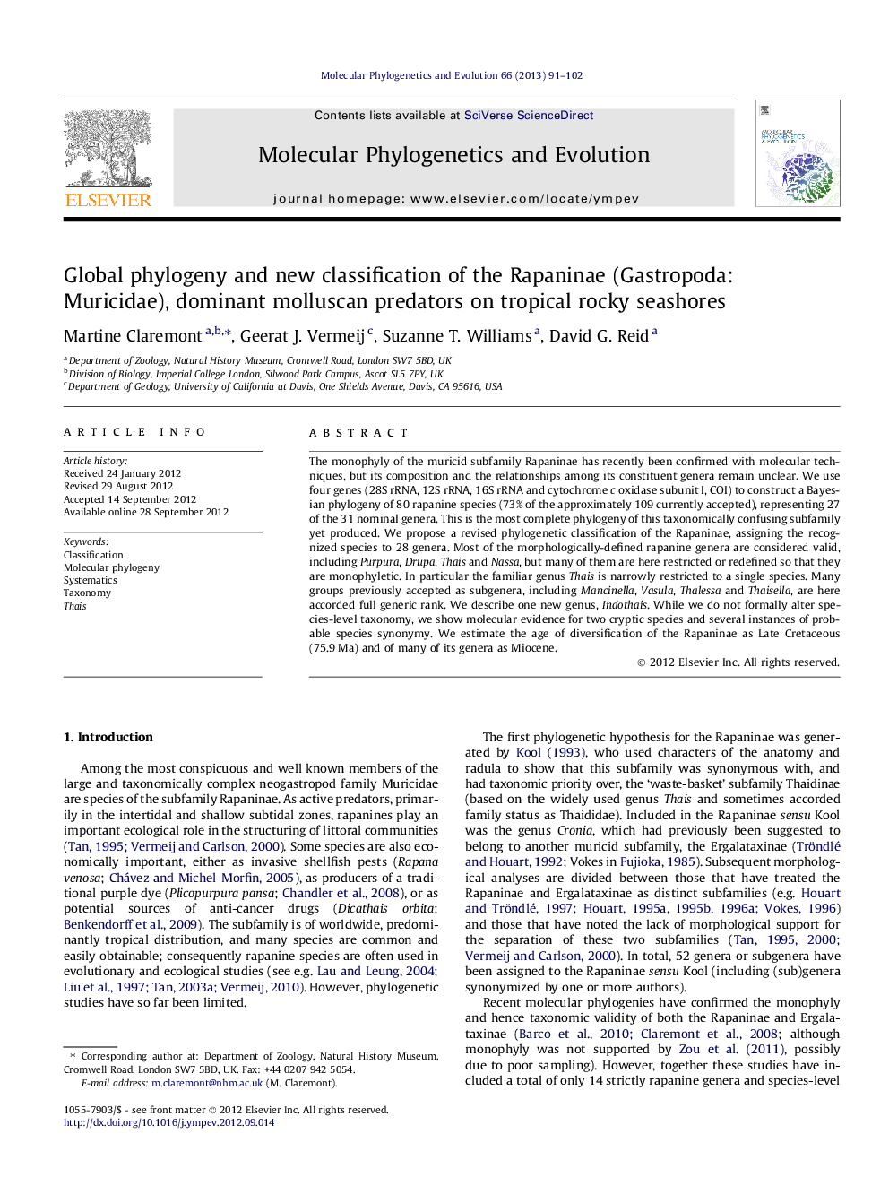 Global phylogeny and new classification of the Rapaninae (Gastropoda: Muricidae), dominant molluscan predators on tropical rocky seashores