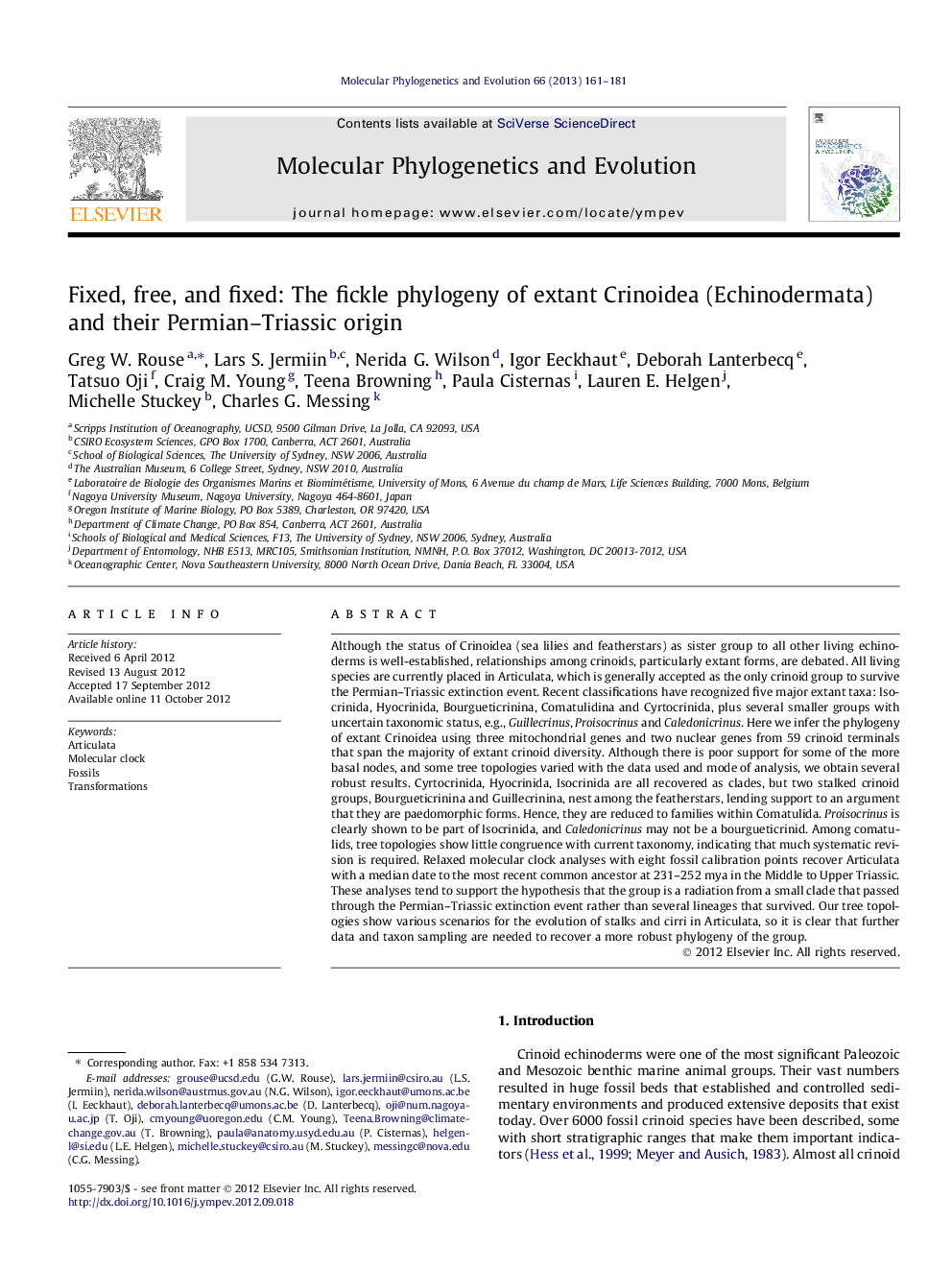 Fixed, free, and fixed: The fickle phylogeny of extant Crinoidea (Echinodermata) and their Permian-Triassic origin