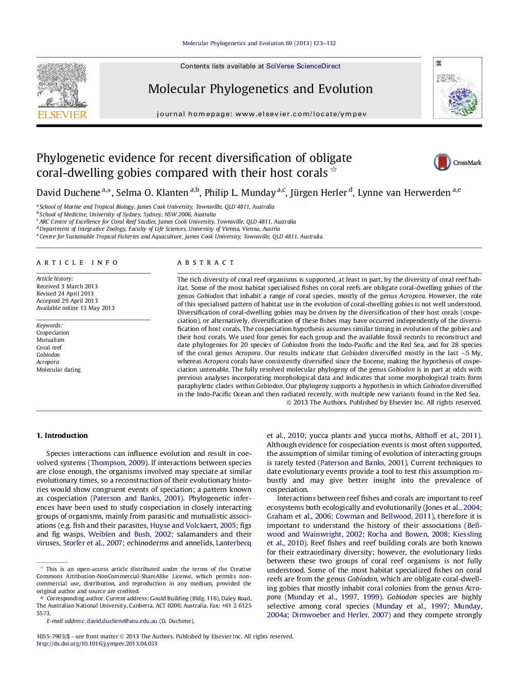 Phylogenetic evidence for recent diversification of obligate coral-dwelling gobies compared with their host corals