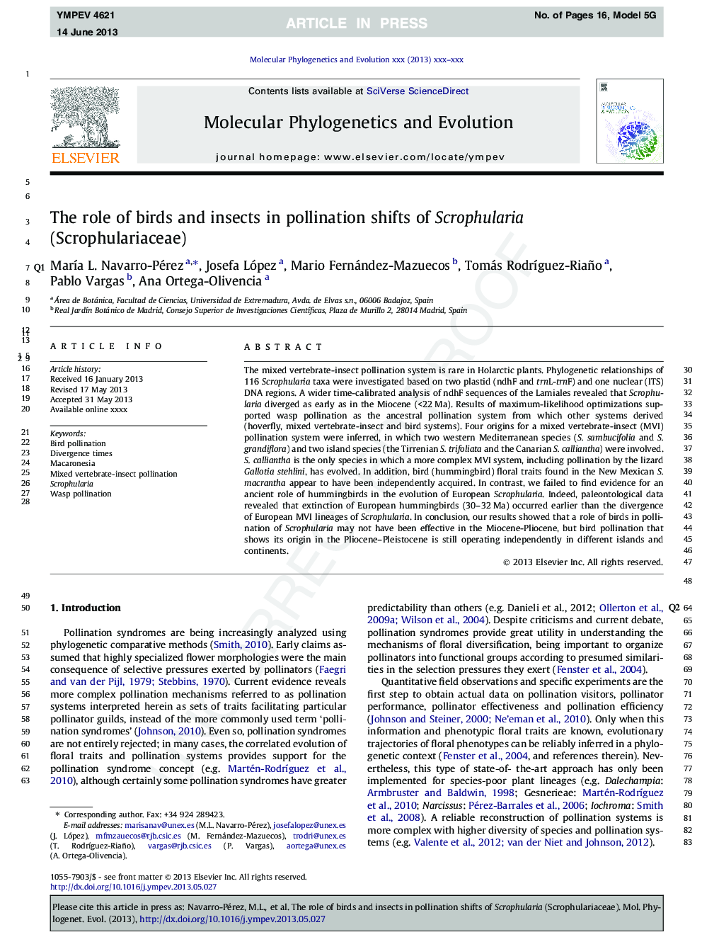 The role of birds and insects in pollination shifts of Scrophularia (Scrophulariaceae)