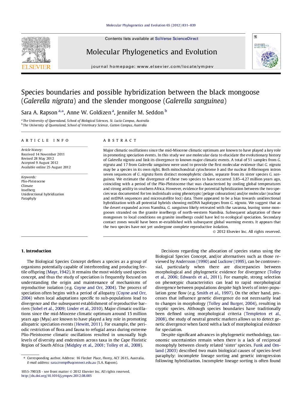 Species boundaries and possible hybridization between the black mongoose (Galerella nigrata) and the slender mongoose (Galerella sanguinea)