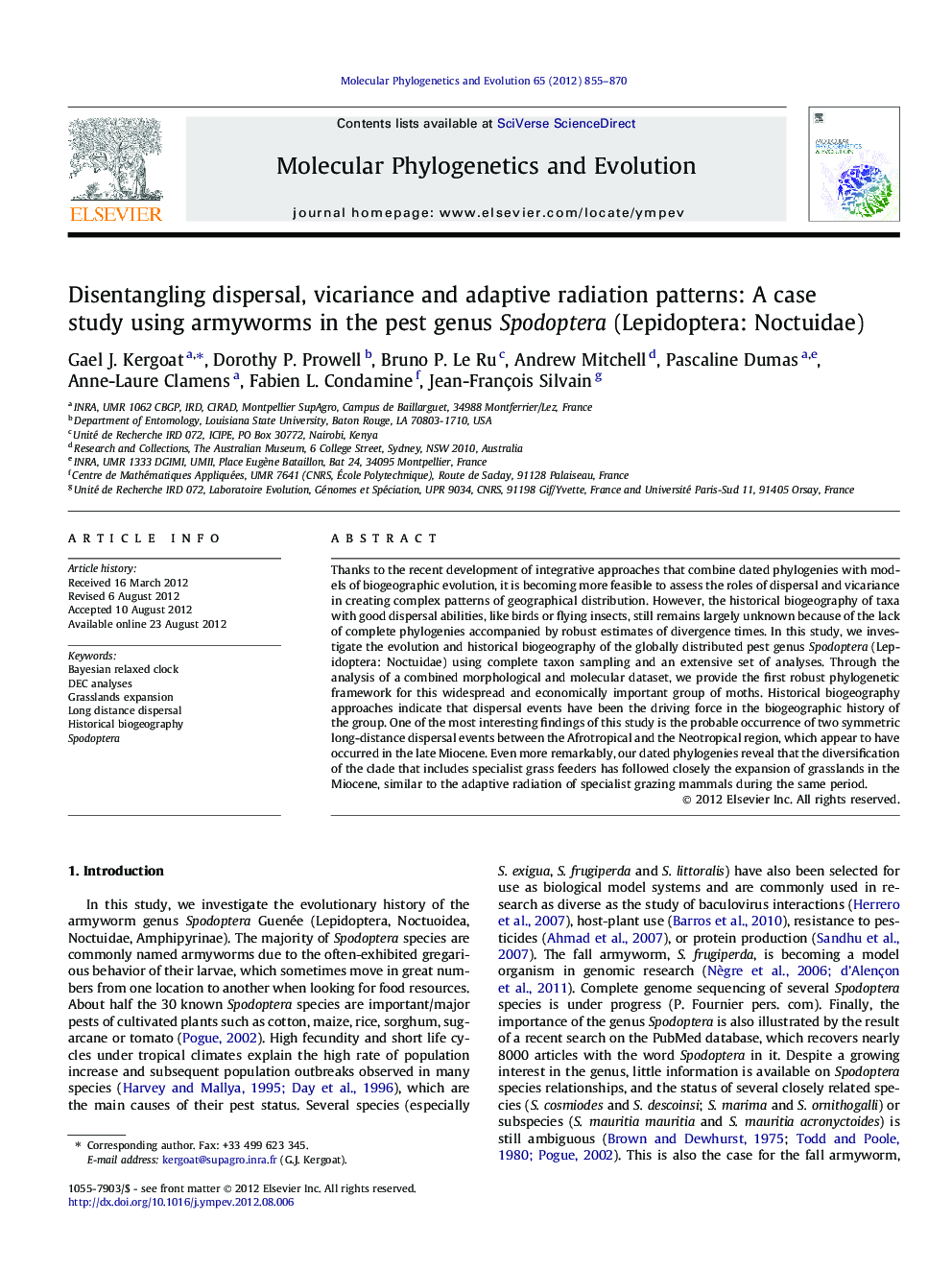 Disentangling dispersal, vicariance and adaptive radiation patterns: A case study using armyworms in the pest genus Spodoptera (Lepidoptera: Noctuidae)