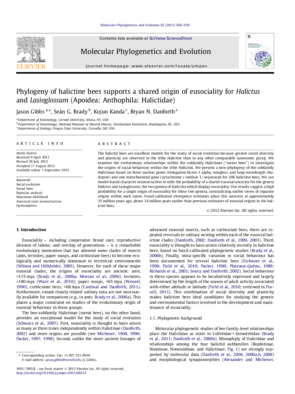 Phylogeny of halictine bees supports a shared origin of eusociality for Halictus and Lasioglossum (Apoidea: Anthophila: Halictidae)