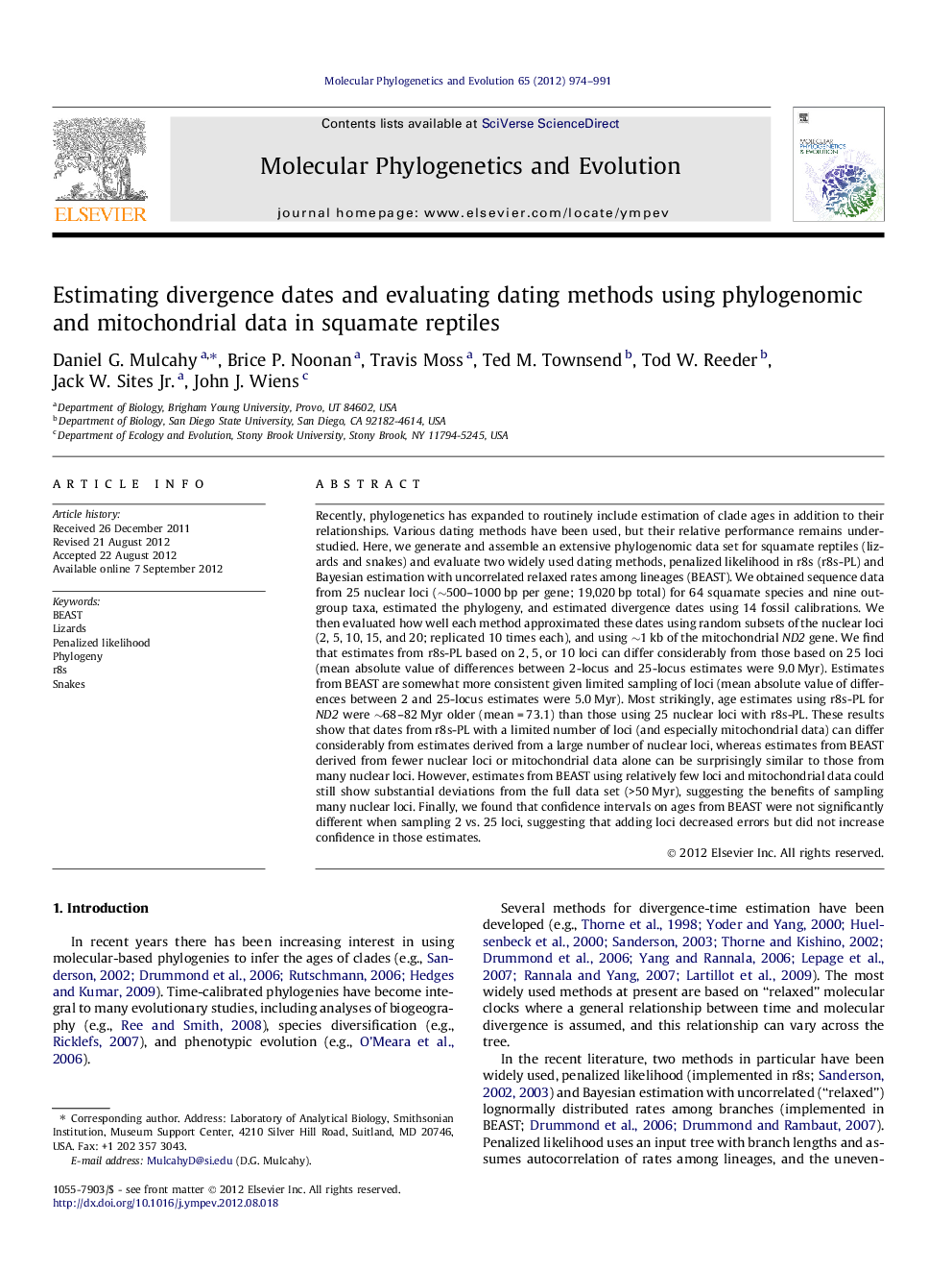 Estimating divergence dates and evaluating dating methods using phylogenomic and mitochondrial data in squamate reptiles