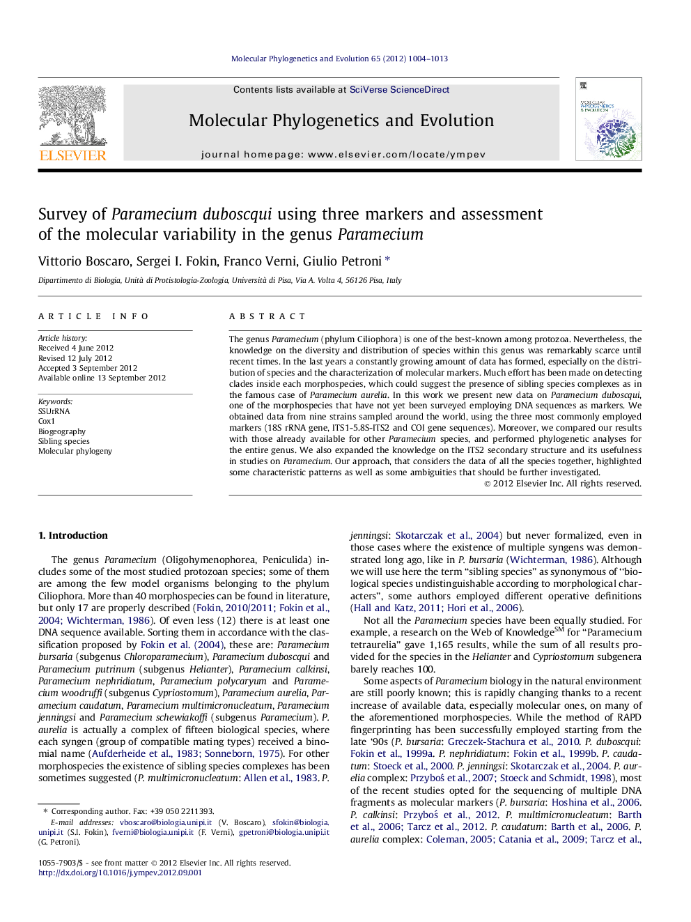 Survey of Paramecium duboscqui using three markers and assessment of the molecular variability in the genus Paramecium
