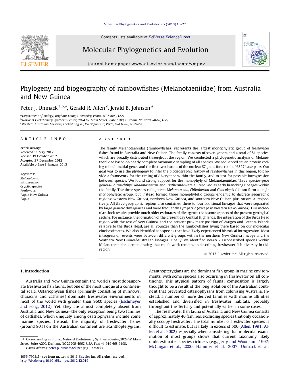 Phylogeny and biogeography of rainbowfishes (Melanotaeniidae) from Australia and New Guinea