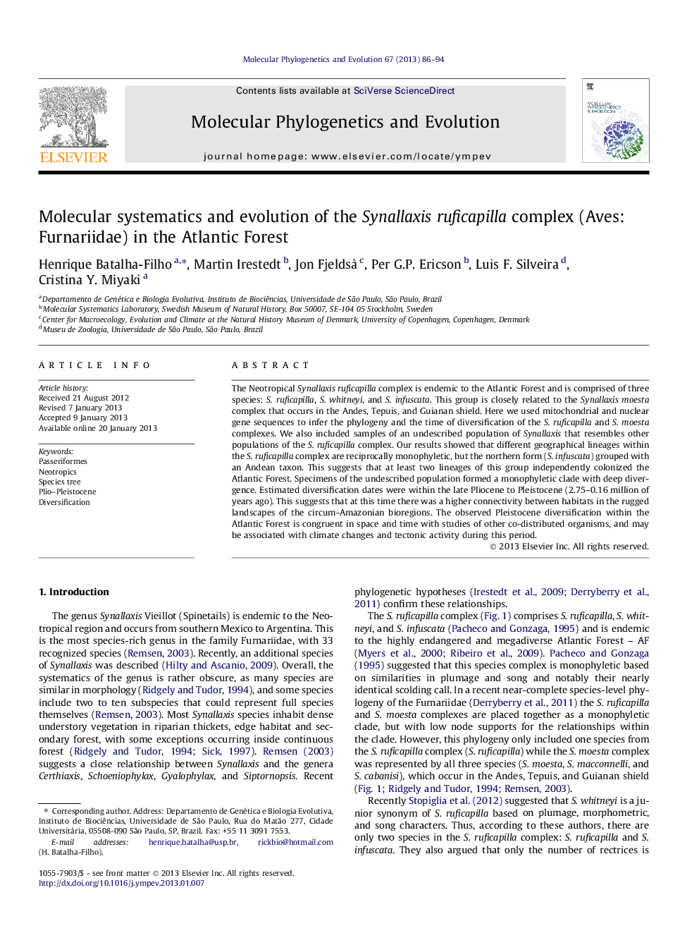 Molecular systematics and evolution of the Synallaxis ruficapilla complex (Aves: Furnariidae) in the Atlantic Forest